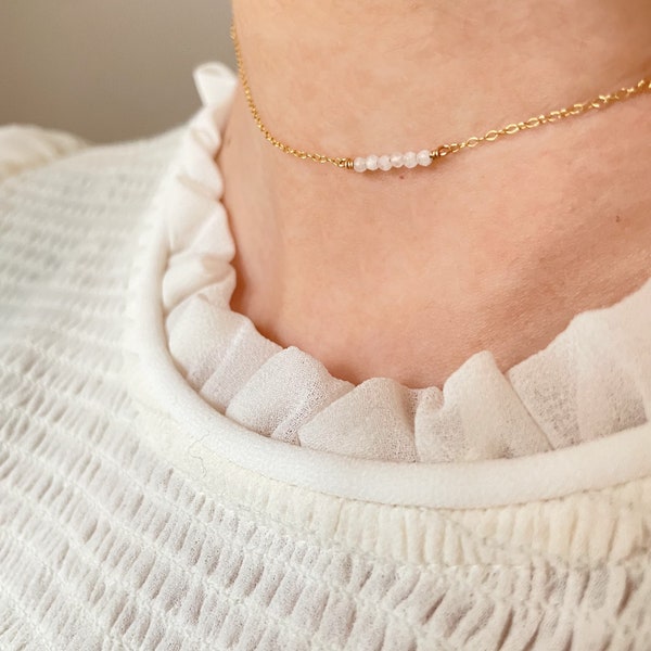 White Moonstone Necklace with Dainty Gemstone Bar • Delicate Handmade Jewelry • Tiny Moonstone Choker • Simple Gold Layering Necklace