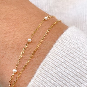 Tiny Pearl Bracelet with Dainty Gold Layered Chain • June Birthstone Gift • Meaningful Bridesmaid Present • Freshwater Pearl Jewelry
