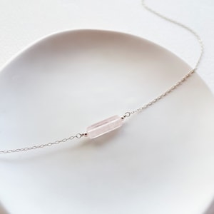 Rose Quartz Necklace • Simple Gemstone Bar Pendant • Dainty Rose Quartz Choker • Healing Crystal Jewelry • Love Stone