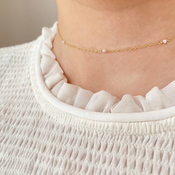 Tiny Moonstone Necklace • Dainty Floating Gemstone Chain • Handmade Moonstone Jewelry Gift • June Birthstone • Beaded Moonstone Choker