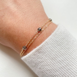 Rutilated Quartz Bracelet with Dainty Double Chain • Black Rutile Quartz Trio • Gemstone Layering Bracelet • Protection Stone Gift
