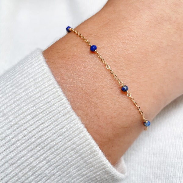 Blue Lapis Lazuli Bracelet • Dainty Beaded Lapis Chain • Gold Gemstone Layering Bracelet • Meaningful Handmade Jewelry Gift for Her