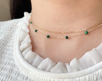 Layered Malachite Choker • Beaded Gemstone Necklace with Dainty Double Chain • Raw Malachite Layering Necklace • Handmade Jewelry Gift