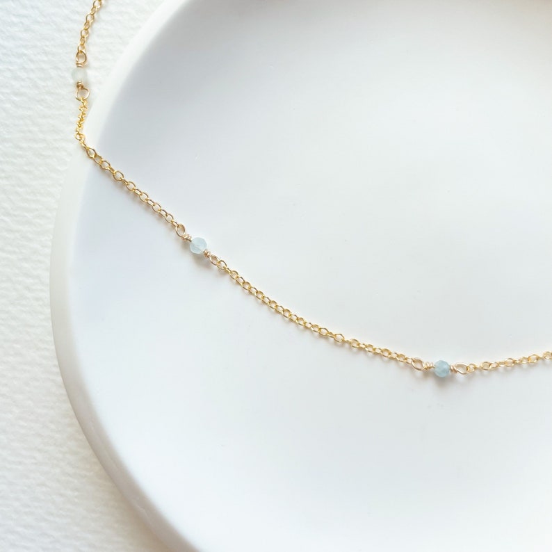 Dainty Aquamarine Necklace with Beaded Gemstone Chain March Birthstone Handmade Aquamarine Jewelry Gift Floating Crystal Choker image 3