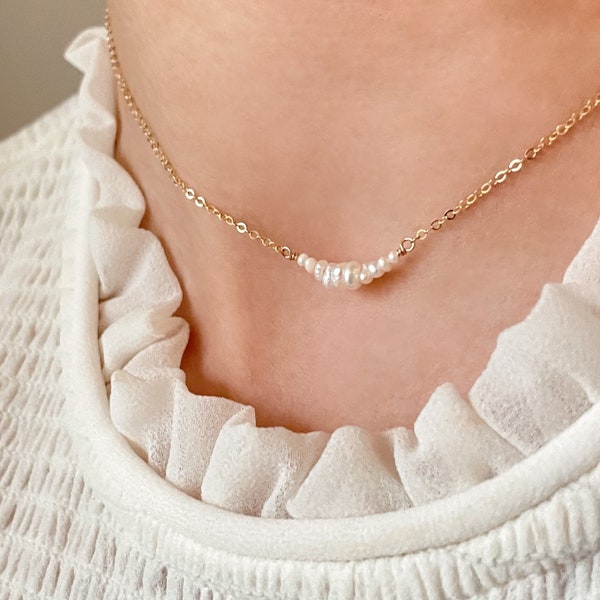 Dainty Pearl Necklace with Uneven Bar Pendant • Simple Gold Layering Necklace • Handmade Pearl Choker • June Birthstone Gift • Loyalty Gem