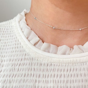 Dainty Aquamarine Necklace with Beaded Gemstone Chain March Birthstone Handmade Aquamarine Jewelry Gift Floating Crystal Choker image 1