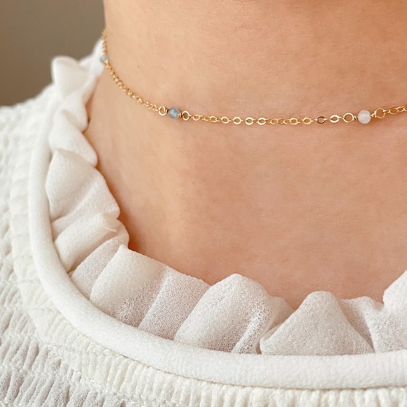 Dainty Aquamarine Necklace with Beaded Gemstone Chain March Birthstone Handmade Aquamarine Jewelry Gift Floating Crystal Choker image 4