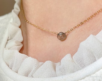 Tiny Labradorite Necklace • Grey Labradorite Teardrop Pendant • Dainty Labradorite Jewelry Gift for Her • Protection Crystal