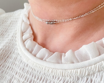 Raw Labradorite Necklace with Layered Chain • Grey Labradorite Bar Pendant • Dainty Crystal Choker • Handmade Jewelry • Protection Gemstone