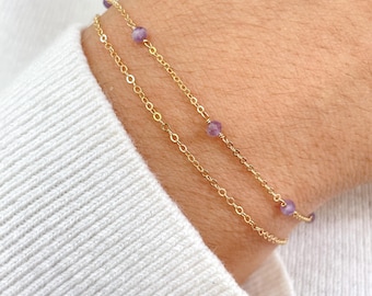 Tiny Amethyst Bracelet with Double Layered Chain • Handmade Beaded Raw Gemstone Bracelet