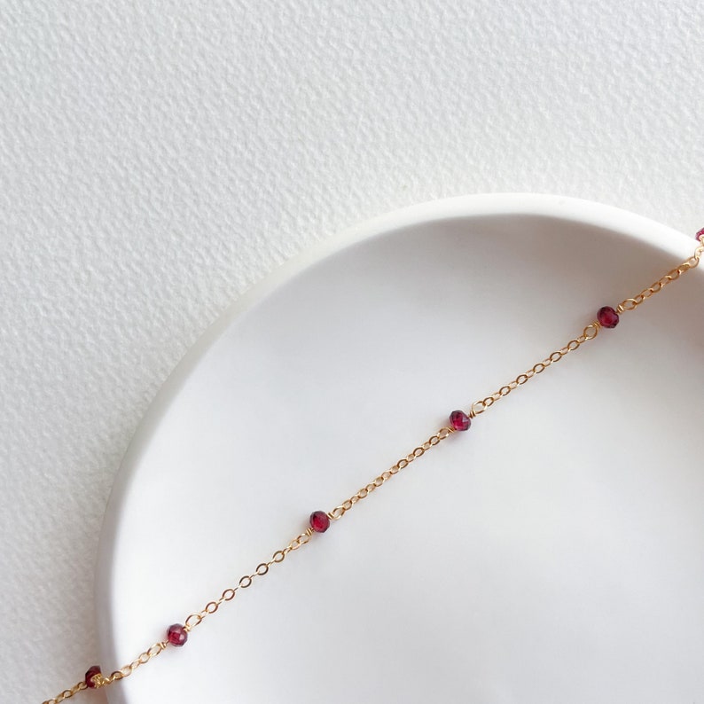 Tiny Garnet Bracelet Handmade Beaded Garnet Chain Dainty Raw Gemstone Jewelry Gold Layering Bracelet January Birthstone Gift image 2