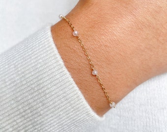 Tiny Rose Quartz Bracelet • Dainty Beaded Gemstone Chain • Gold Layering Bracelet • Healing Raw Crystal Jewelry Gift for Her • Love Gem
