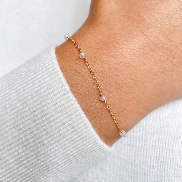 Tiny Rose Quartz Bracelet • Dainty Beaded Gemstone Chain • Gold Layering Bracelet • Healing Raw Crystal Jewelry Gift for Her • Love Gem