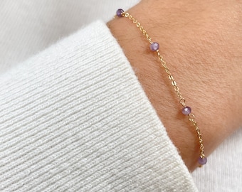 Beaded Amethyst Bracelet • Tiny Raw Gemstone Chain Bracelet • Handmade February Birthstone Jewelry