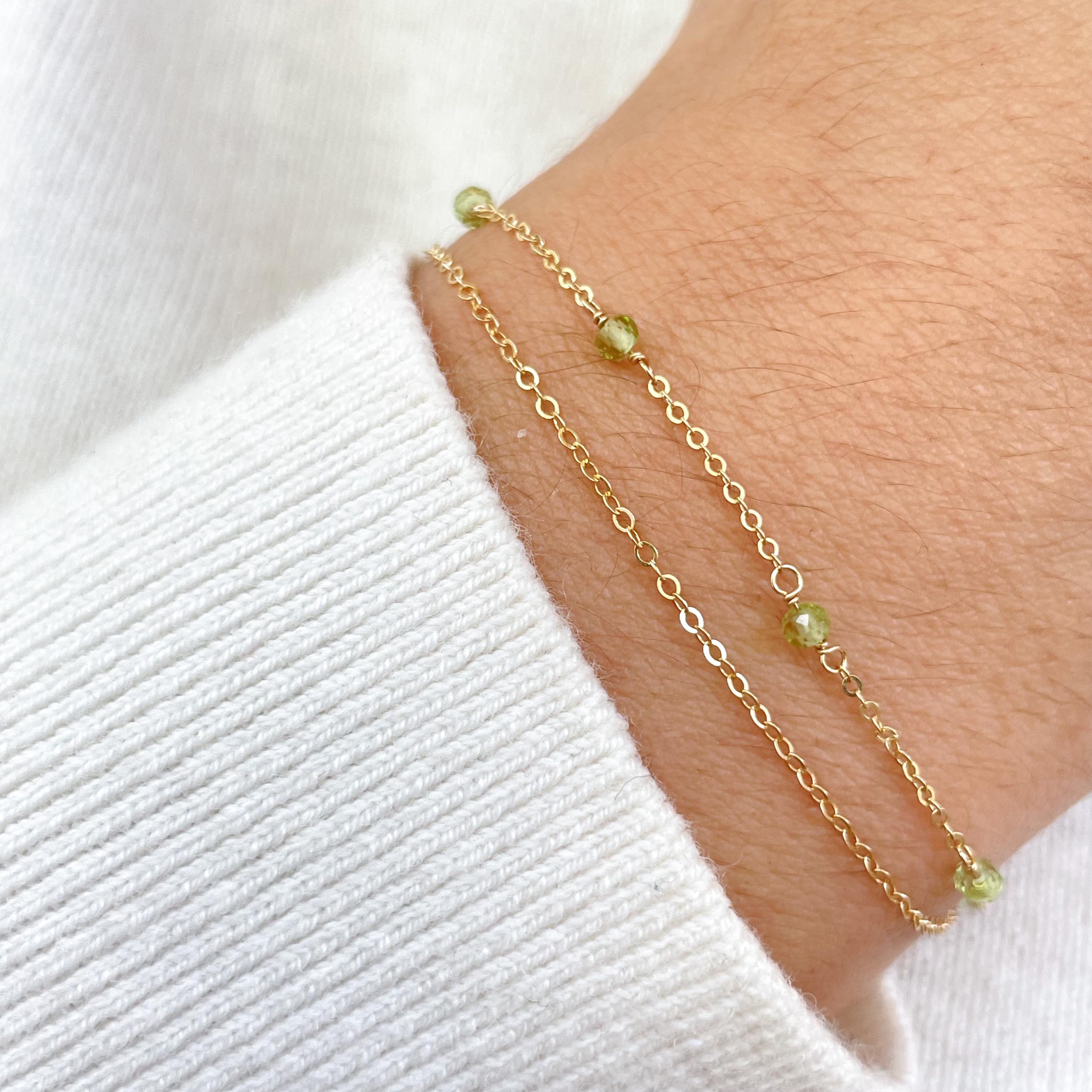 Beaded Peridot Bracelet with Dainty Layered Chain • Handmade Gemstone Layering Bracelet • August Birthstone Gift • Raw Peridot Jewelry