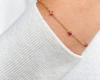 Pink Tourmaline Bracelet • Dainty Beaded Gemstone Chain • Handmade Gem Layering Bracelet • October Birthstone Gift • Raw Crystal Jewelry