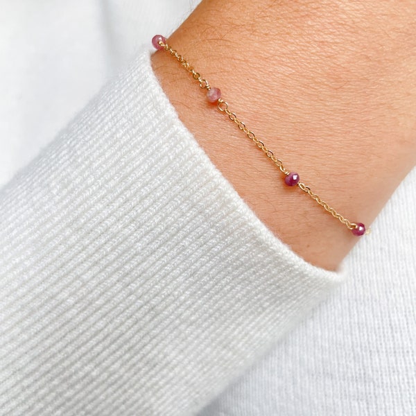 Pink Tourmaline Bracelet • Dainty Beaded Gemstone Chain • Handmade Gem Layering Bracelet • October Birthstone Gift • Raw Crystal Jewelry