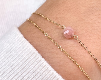 Layered Pink Tourmaline Bracelet with Dainty Single Gem • Gold Chain Gemstone Bracelet • Handmade Tourmaline Jewelry Gift for Her