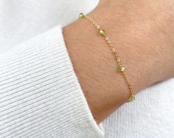 Dainty Peridot Bracelet • Beaded Gemstone Chain • Tiny Gem Layering Bracelet • August Birthstone