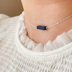 Lapis Lazuli Bar Necklace • Dainty Lapis Choker with Gemstone Bar Pendant • Meaningful Lapis Lazuli Jewelry • Simple Gem Layering Necklace