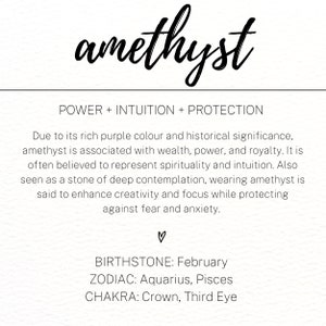 May include: Amethyst crystal, a purple gemstone associated with wealth, power, and royalty. It is believed to represent spirituality and intuition. Birthstone for February, Zodiac sign Aquarius and Pisces, Chakra Crown and Third Eye.