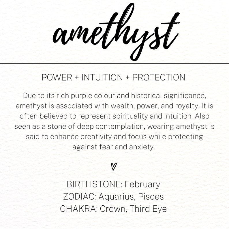 May include: Amethyst crystal, a purple gemstone associated with wealth, power, and royalty. It is believed to represent spirituality and intuition. Birthstone for February, Zodiac sign Aquarius and Pisces, Chakra Crown and Third Eye.