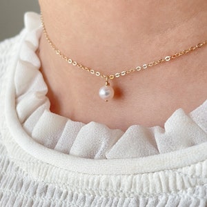 Tiny Pearl Necklace • Floating White Pearl Pendant • June Birthstone Jewelry • Handmade Bridesmaid Gift • Gold Layering Necklace