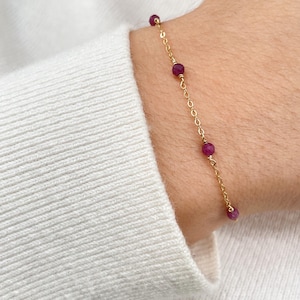 Dainty Ruby Bracelet • Handmade Beaded Gem Chain • Tiny Raw Ruby Jewelry Gift • July Birthstone