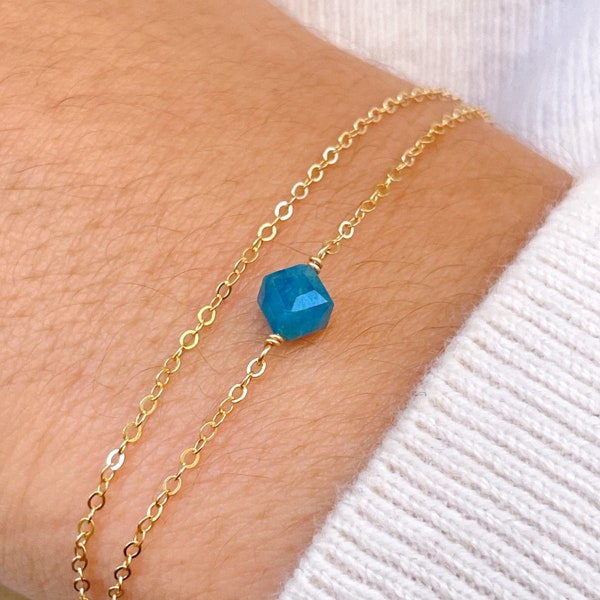 Blue Apatite Bracelet with Double Layered Chain • Dainty Gemstone Layering Bracelet • Healing Crystal Jewelry Gift • Creativity Gem Bracelet