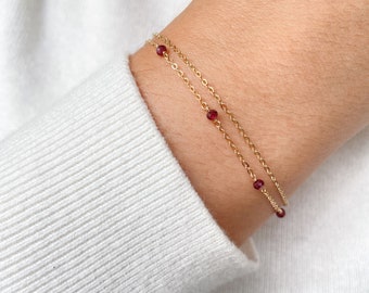 Red Garnet Bracelet with Layered Gold Chain • Handmade Beaded Gemstone Bracelet • Raw Crystal Jewelry Gift for Her • January Birthstone