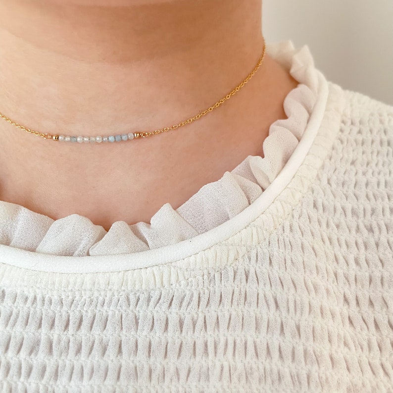 Dainty Aquamarine Necklace with Small Gem Bar Handmade Gemstone Jewelry Gift for Her Beaded Aquamarine Choker March Birthstone image 4