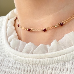 Raw Garnet Choker with Beaded Gemstone Chain • Handmade Layered Garnet Necklace • January Birthstone • Dainty Crystal Jewelry Gift for Her