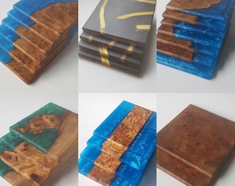 Resin & Wood Coasters River Elm Burl Burr Blue Resin Unique Custom Handmade Drinkware Teaware Drink Mats Dinning Table Barware Handcrafted