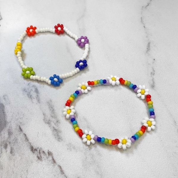 Rainbow Flower Daisy Chain Bracelet | Flower Seed Bead Jewelry | Unisex Elastic Stretch Bracelet