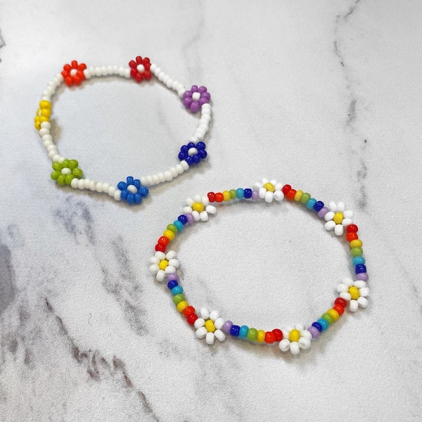 Regenboog Bloem Daisy Chain Armband | Flower Seed Bead sieraden | Uniseks elastische stretcharmband