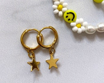 24k Gold Plated Star Huggy Hoops | Gold Mini Hoop Huggie Earrings | Drop Earrings Star Charm