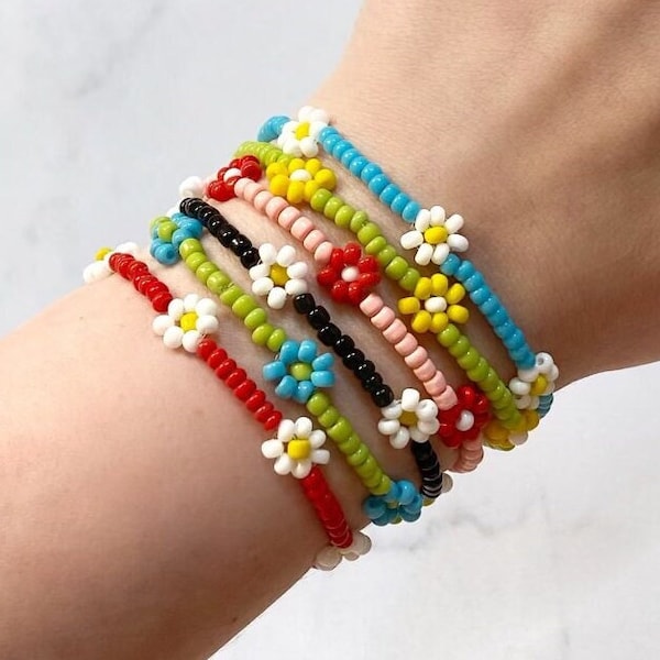 Colorful Beaded Multi Flower Daisy Chain Bracelet | Flower Seed Bead Jewelry | Unisex Elastic Stretch Bracelet