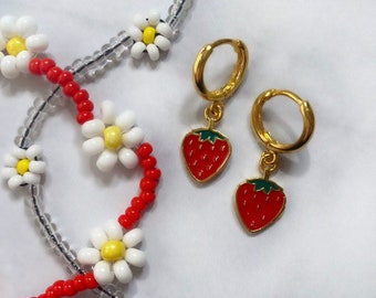 Strawberry Charm Hoops | 24k Gold Plated Drop Huggie Earrings | Unisex Jewelry