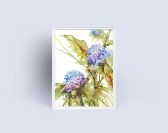 紫色の花の水彩画：緑の葉、半透明の花瓶 - Etsy 日本