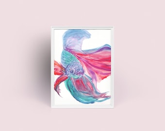 Aquarium Fish Series No.3 Original Watercolor Impression Painting, Betta fish Animal Pet Home Wall Décor Hangings Gift