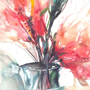 May include: Watercolour painting of red and orange flowers in a clear glass vase. The artwork features a loose, expressive style with visible brushstrokes and the artist's signature. The vase is partially visible, adding depth to the composition.