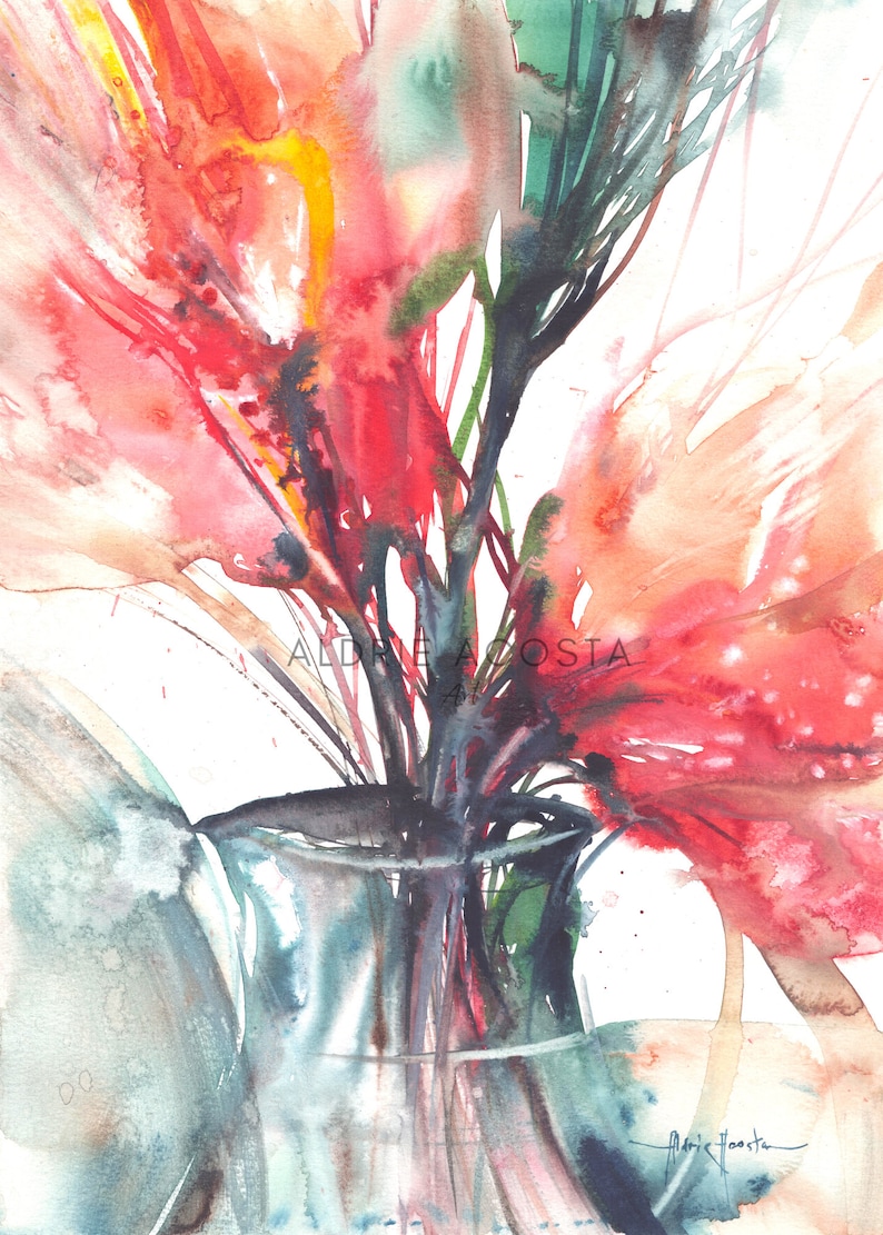May include: Watercolour painting of red and orange flowers in a clear glass vase. The artwork features a loose, expressive style with visible brushstrokes and the artist's signature. The vase is partially visible, adding depth to the composition.