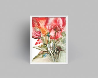 Wild Flowers Series No. 1 Original Watercolor Impression Painting, Red Floral Abstract Home Wall Décor Hangings