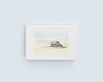 Rustic Barn Series No. 2  Original Watercolor Impression Painting, Serene Farmhouse Country Fields Home Wall Art Décor Hangings Gift