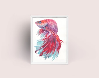 Aquarium Fish Series No.2 Original Watercolor Impression Painting, Betta fish Animal Pet Home Wall Décor Hangings Gift