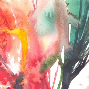 May include: Abstract watercolour painting with a vibrant mix of colours. The artwork features a blend of red, orange, yellow, green, and black hues, creating a dynamic and expressive composition. The brushstrokes and colour gradients suggest a floral or natural theme.