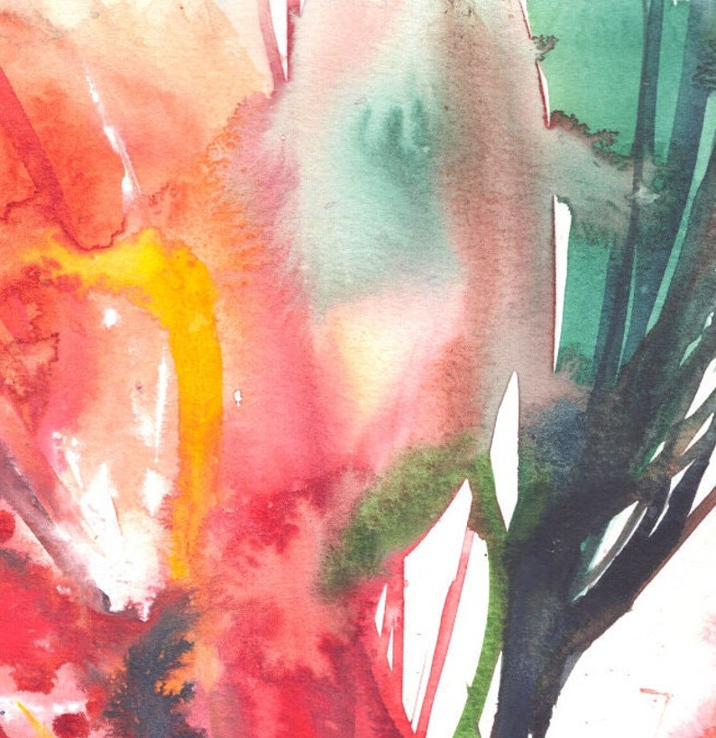 May include: Abstract watercolour painting with a vibrant mix of colours. The artwork features a blend of red, orange, yellow, green, and black hues, creating a dynamic and expressive composition. The brushstrokes and colour gradients suggest a floral or natural theme.