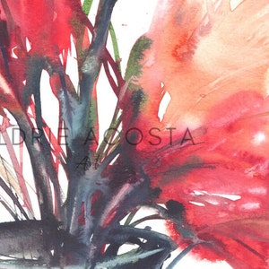 May include: Abstract watercolour painting with vibrant red and orange hues, contrasted by dark blue and green brushstrokes. The artwork features the text "ALDRIE ACOSTA" in the lower left corner. The painting has a dynamic, expressive style.