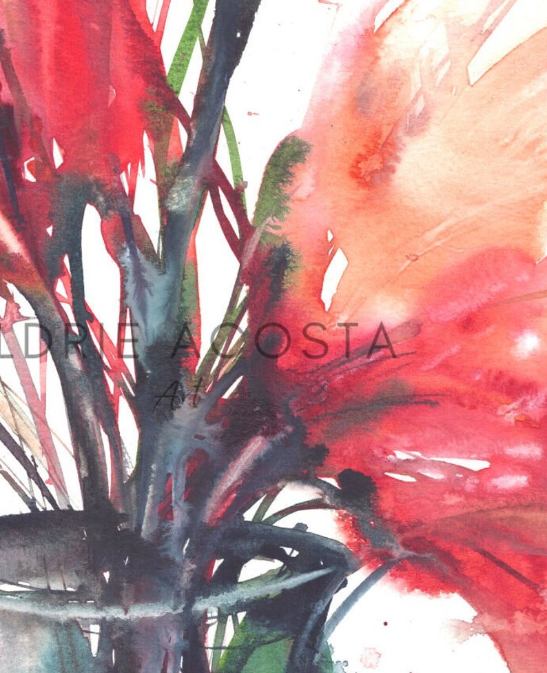 May include: Abstract watercolour painting with vibrant red and orange hues, contrasted by dark blue and green brushstrokes. The artwork features the text "ALDRIE ACOSTA" in the lower left corner. The painting has a dynamic, expressive style.