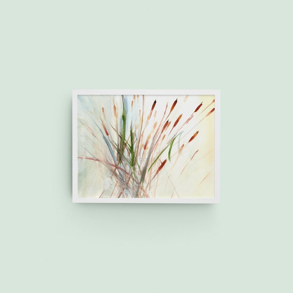 Impression giclée d'art n°1 de la série quenouilles à partir d'une impression peinture aquarelle originale, tentures de décoration murale pour la maison avec de l'herbe poussant dans les zones humides
